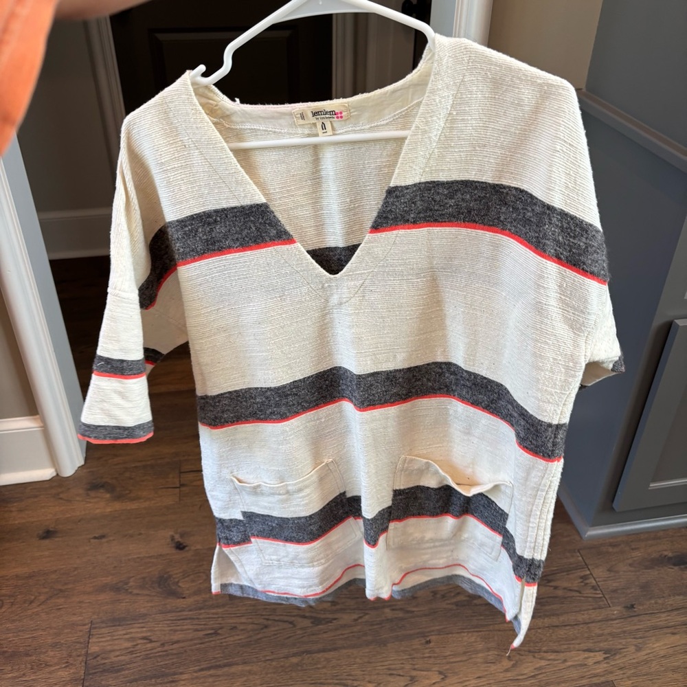 Lemlem Cream and Gray Striped V-Neck Coverup